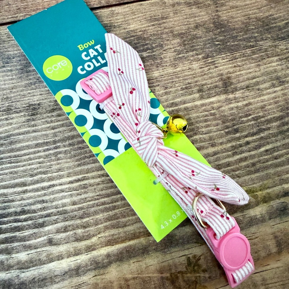 New Core Home Pink Striped Cherry Print Bow Cat Collar with Bell FF64287